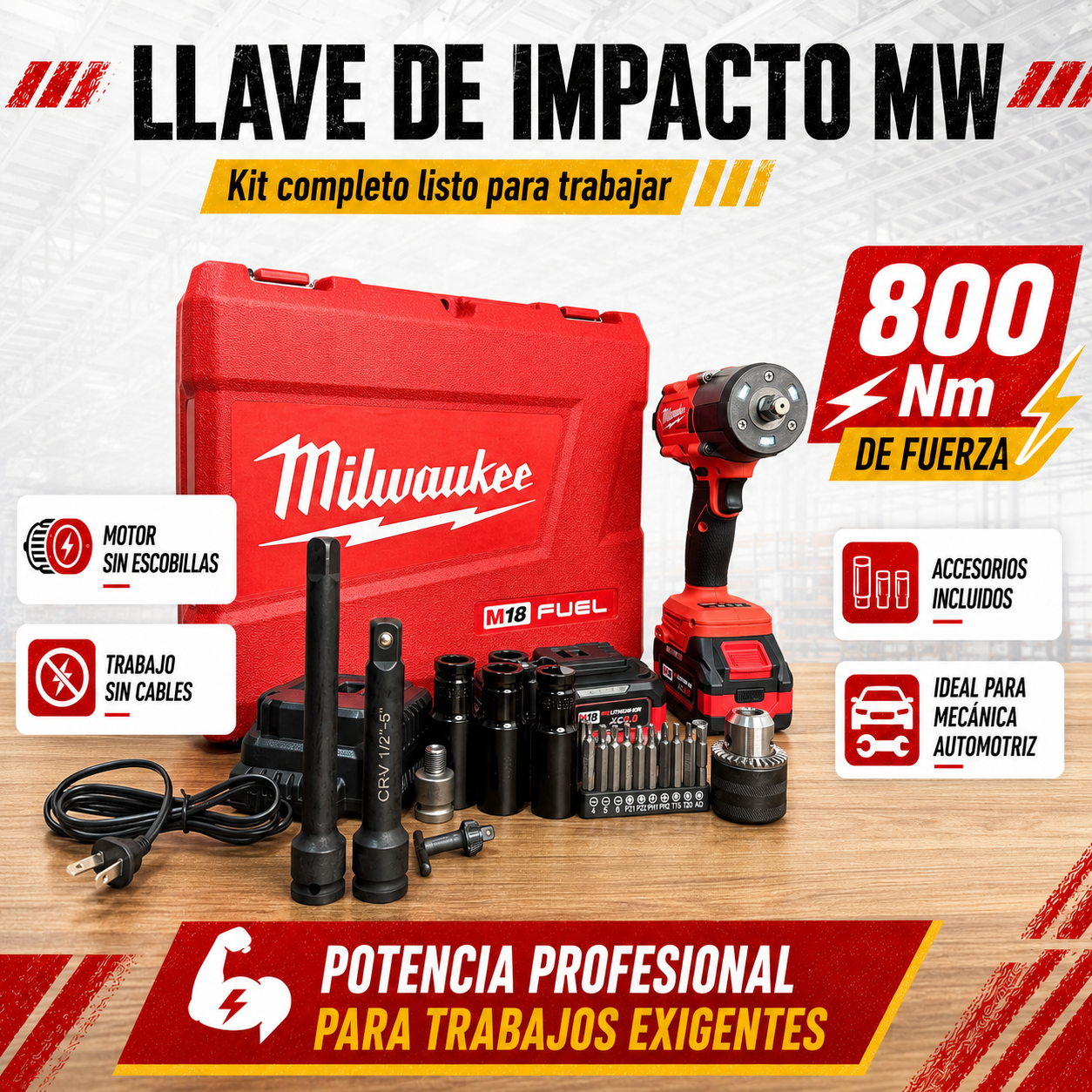 Llave de Impacto MW 800 Nm Inalámbrica con 2 Baterías + Maletín