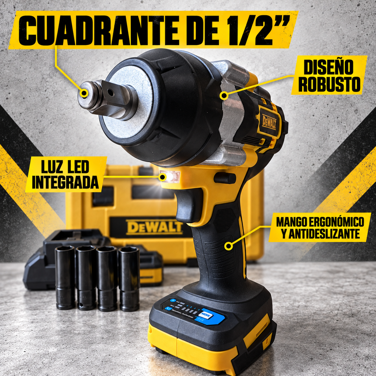 Llave de Impacto DW 1000 Nm Brushless 1/2” con 2 Baterías y Maletín