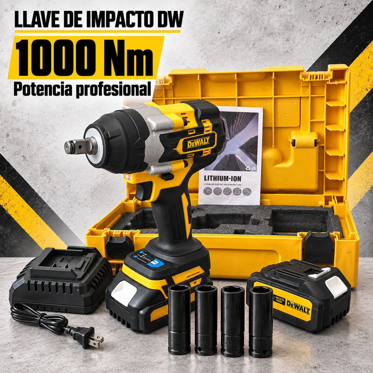 Llave de Impacto DW 1000 Nm Brushless 1/2” con 2 Baterías y Maletín