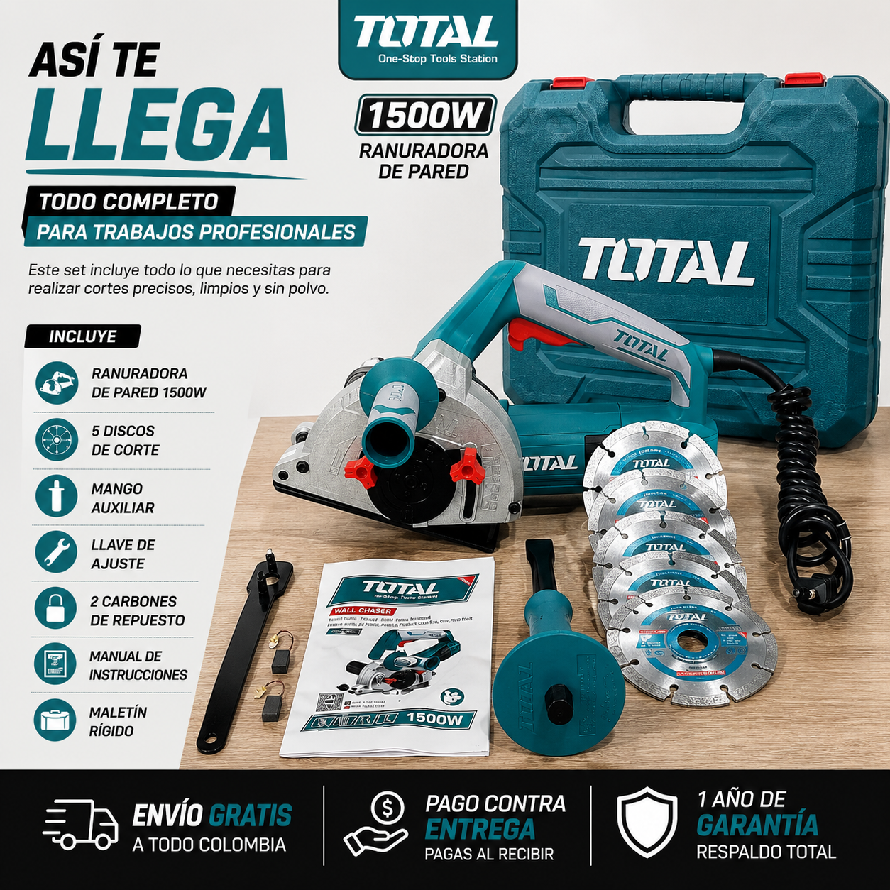 Ranuradora de Pared TOTAL 1500W Profesional  + 4 Discos