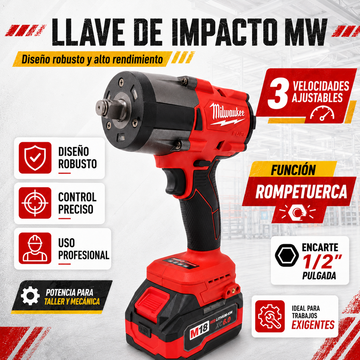 Llave de Impacto MW 800 Nm Inalámbrica con 2 Baterías + Maletín