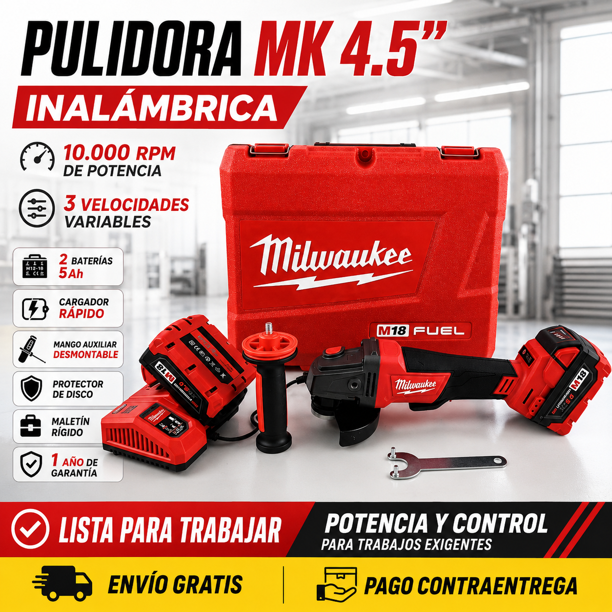 Pulidora MK 4.5” Inalámbrica 10.000 RPM con 2 Baterías + Maletín