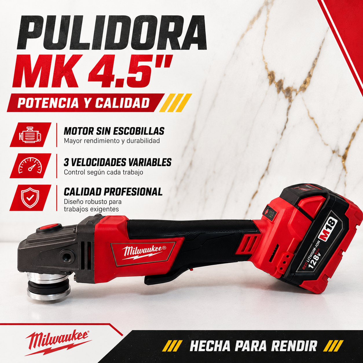 Pulidora MK 4.5” Inalámbrica 10.000 RPM con 2 Baterías + Maletín