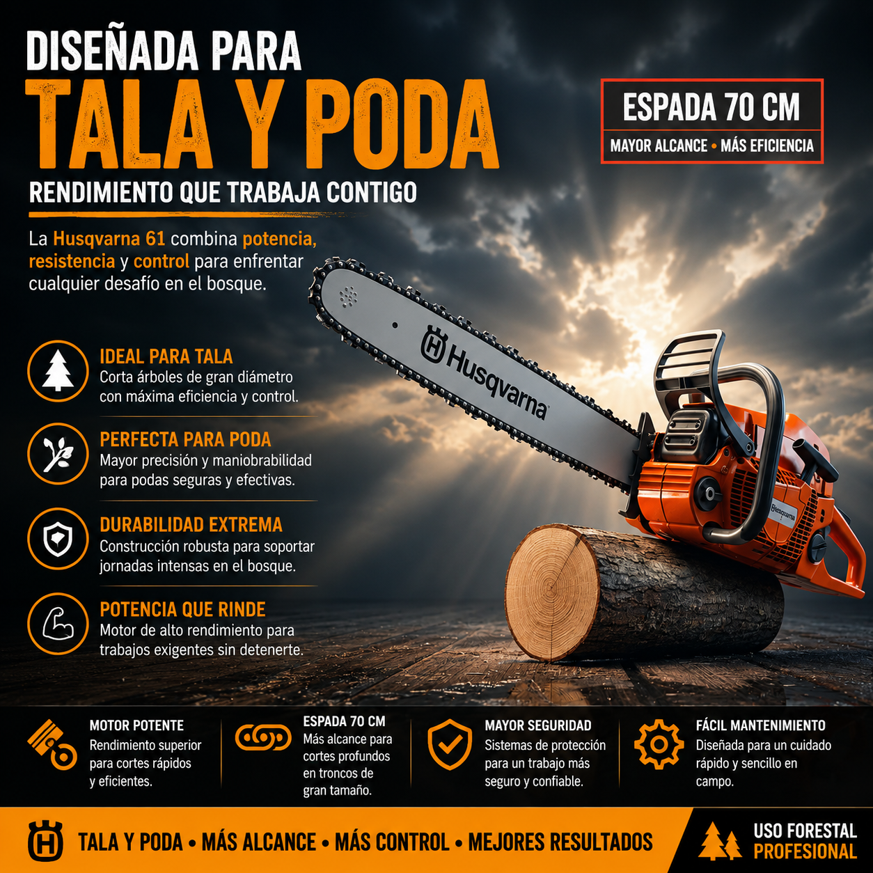 Motosierra HQV 61 - Profesional 70CM | Potencia Forestal + Aceite Gratis