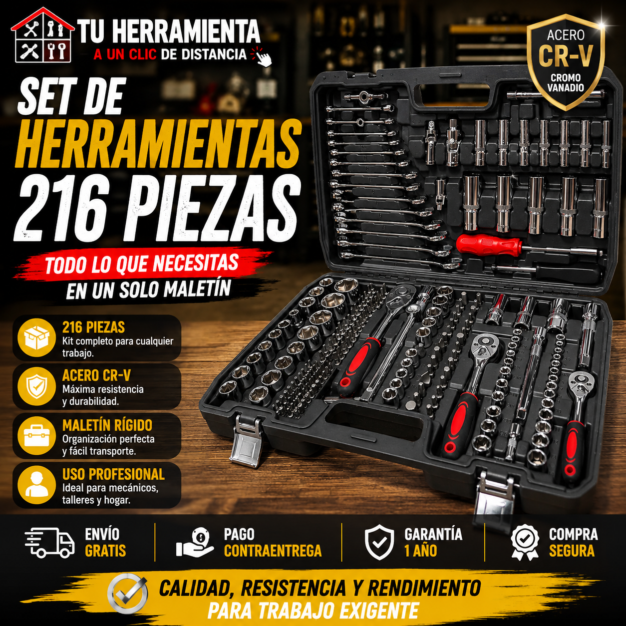 Set de Herramientas Profesional 216 Piezas CR-V con Ratchets 1/4", 3/8" y 1/2"