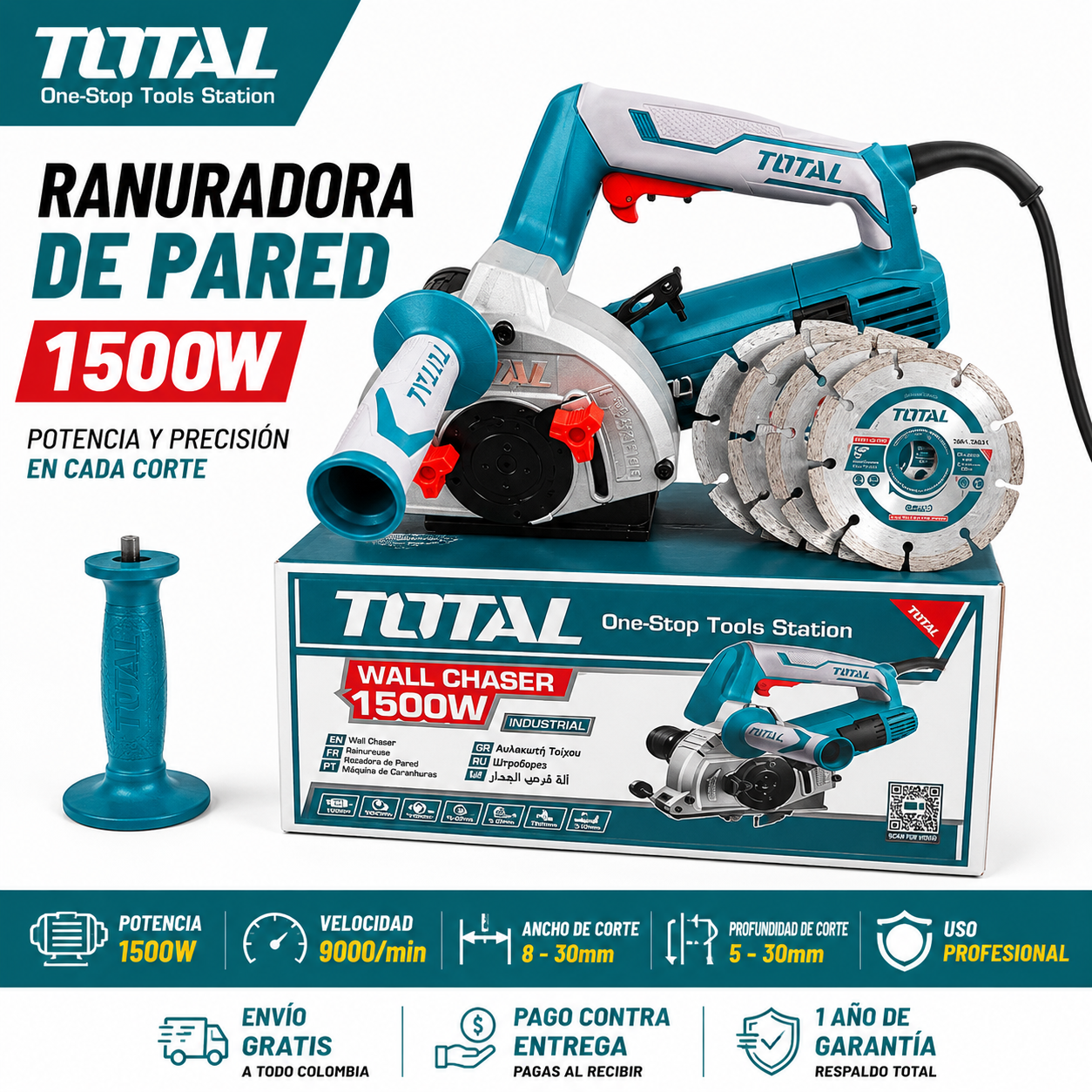 Ranuradora de Pared TOTAL 1500W Profesional  + 4 Discos
