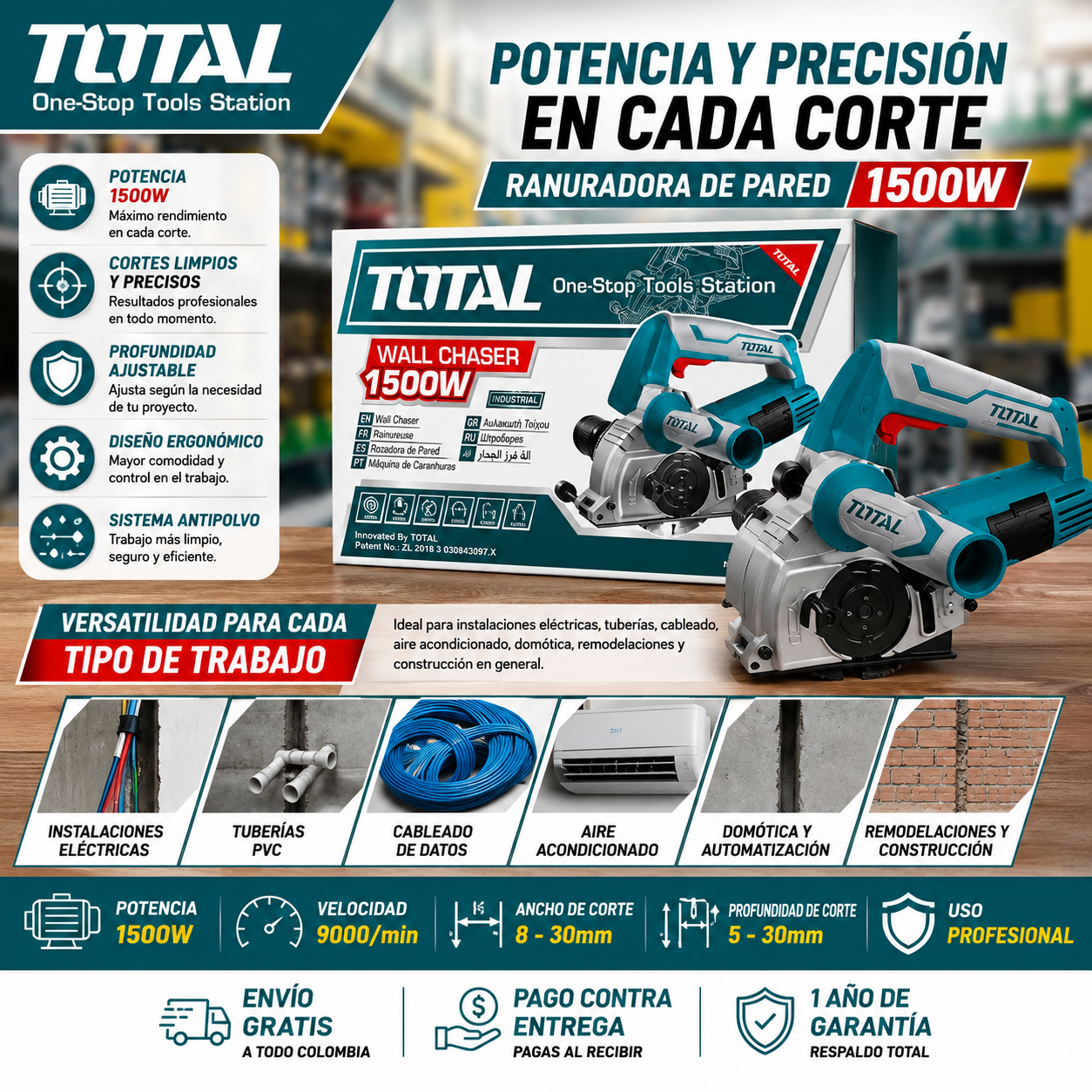 Ranuradora de Pared TOTAL 1500W Profesional  + 4 Discos