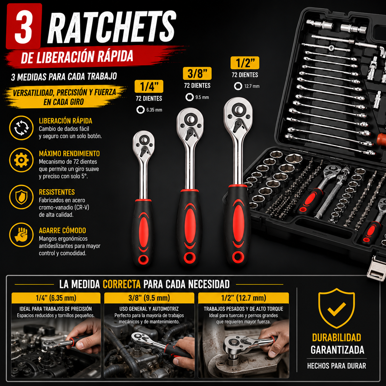 Set de Herramientas Profesional 216 Piezas CR-V con Ratchets 1/4", 3/8" y 1/2"