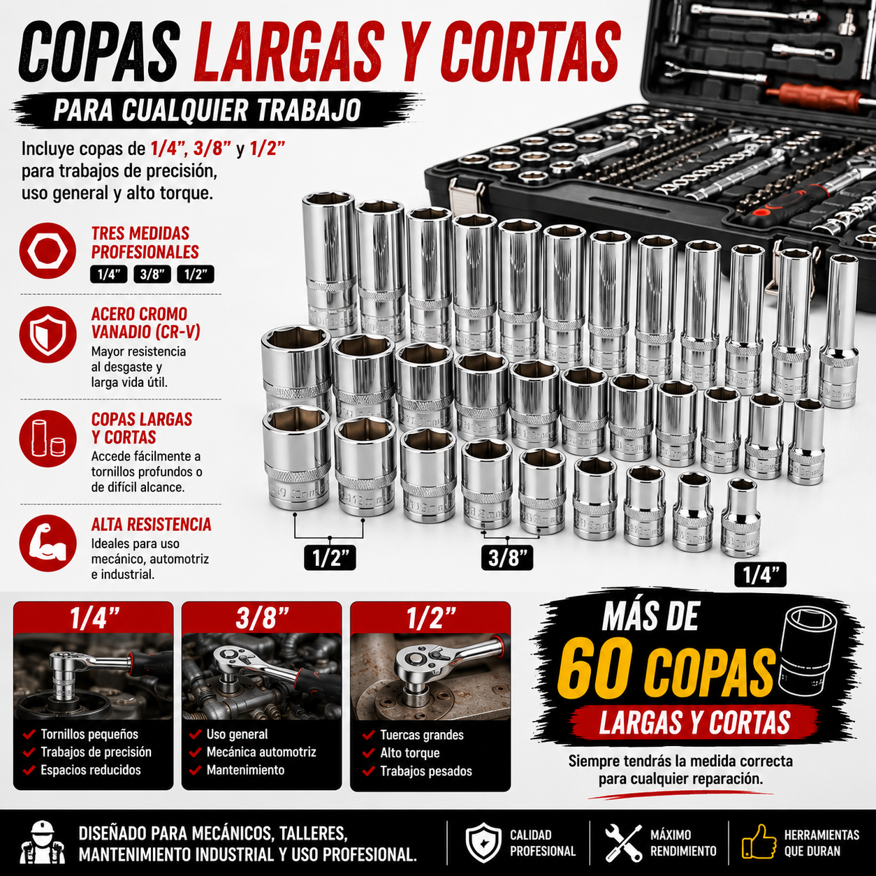 Set de Herramientas Profesional 216 Piezas CR-V con Ratchets 1/4", 3/8" y 1/2"