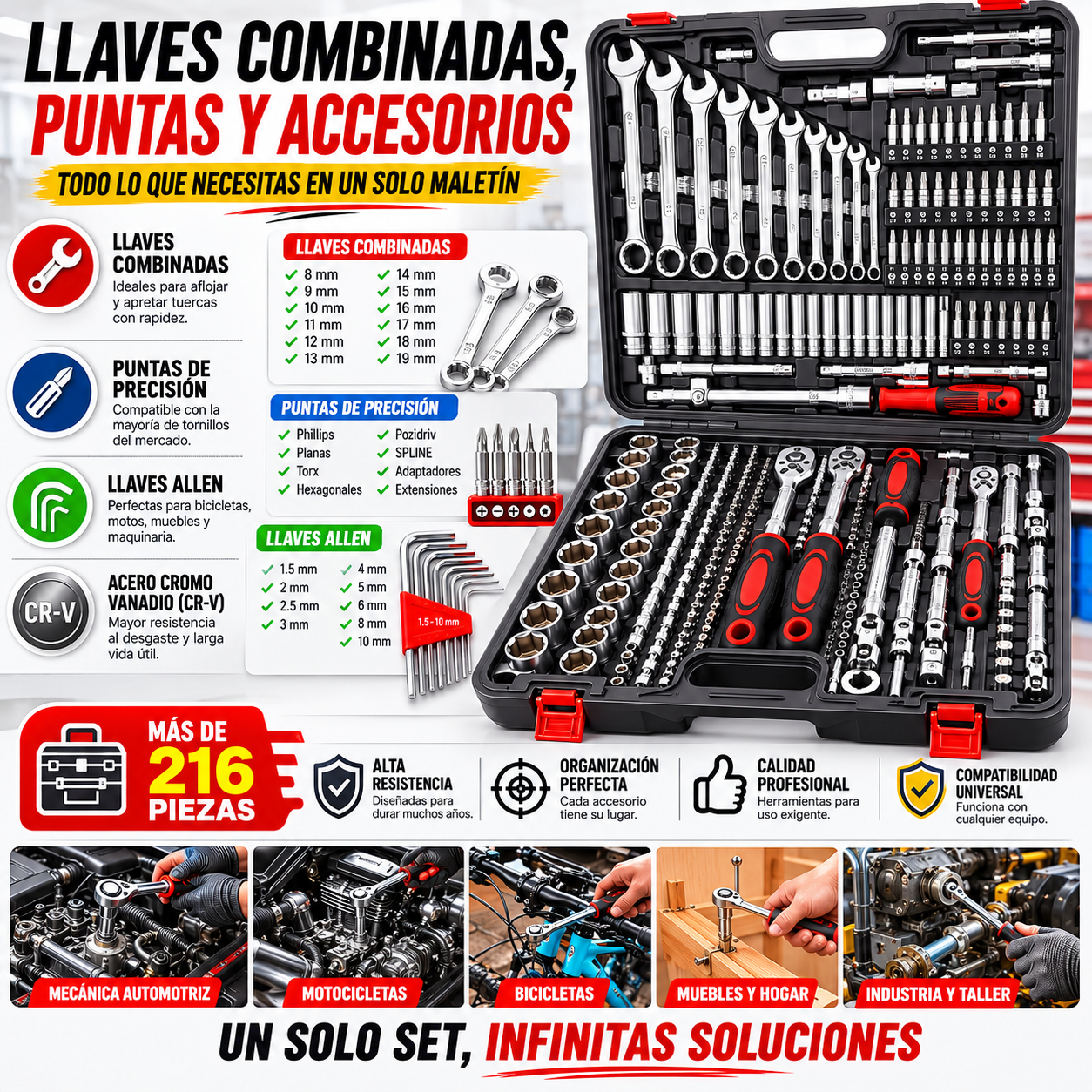 Set de Herramientas Profesional 216 Piezas CR-V con Ratchets 1/4", 3/8" y 1/2"