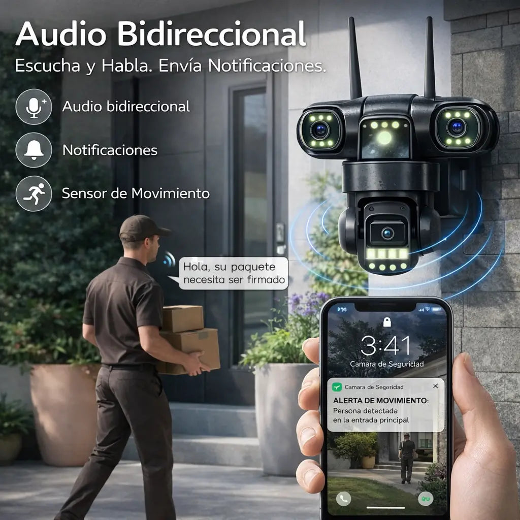 Cámara de Seguridad Triple Lente 360° V380 | Control desde el Celular