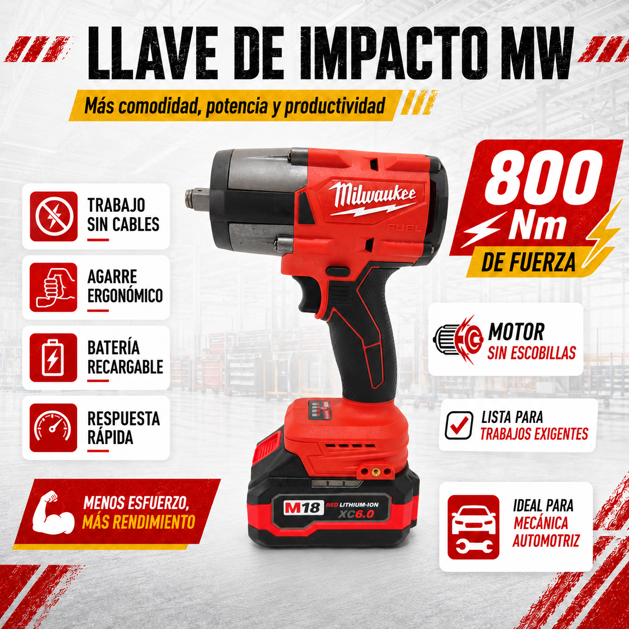Llave de Impacto MW 800 Nm Inalámbrica con 2 Baterías + Maletín