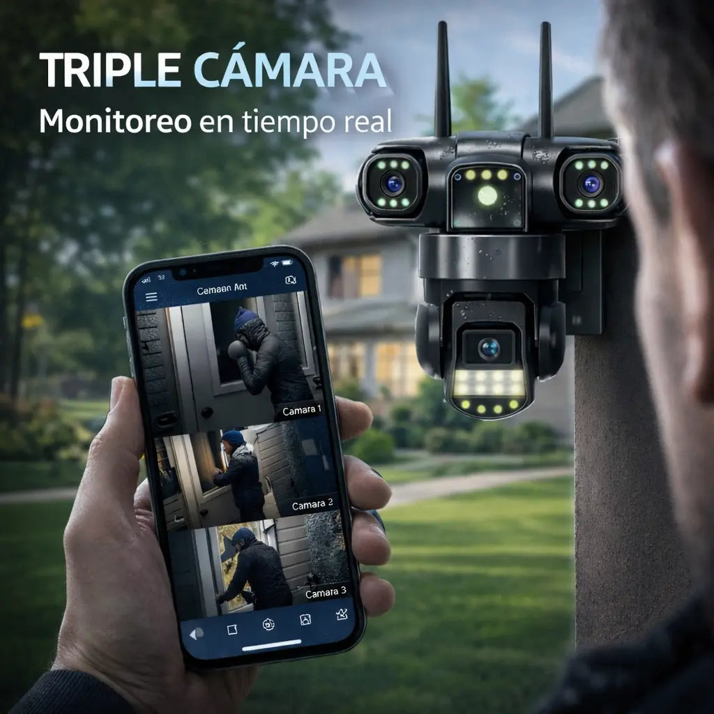 Cámara de Seguridad Triple Lente 360° V380 | Control desde el Celular