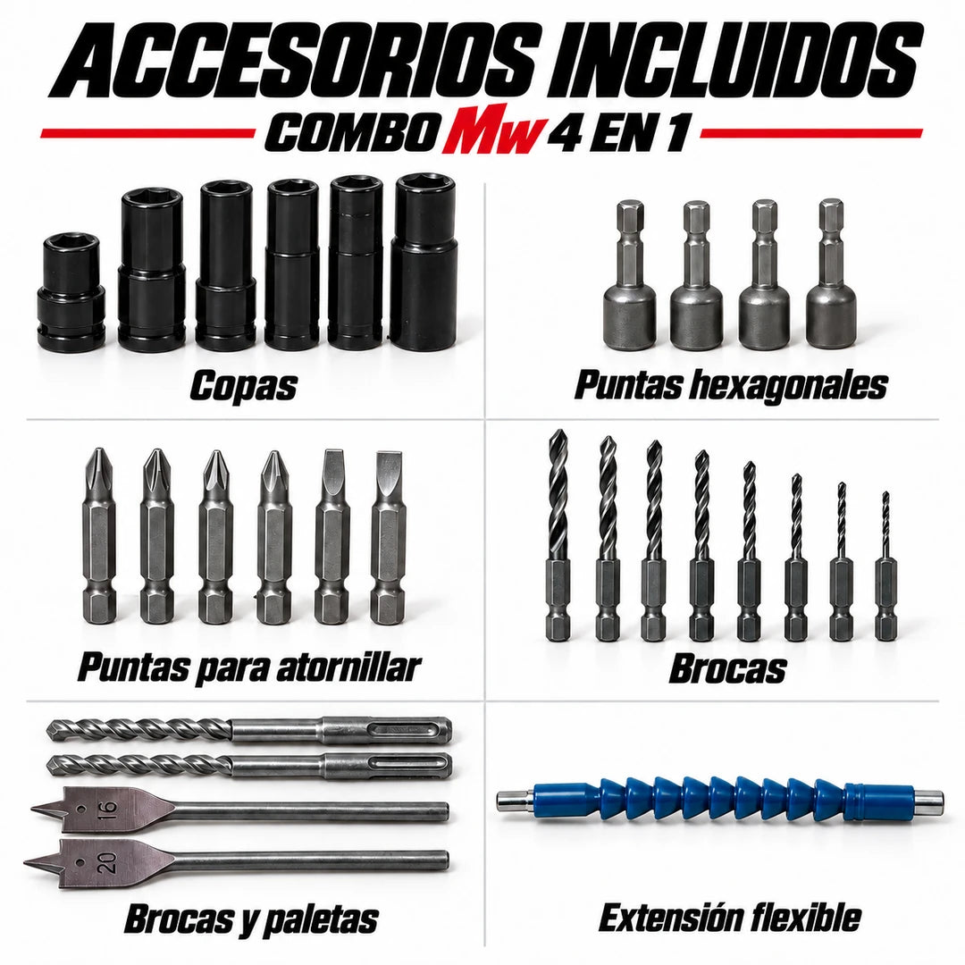 Combo MW 4 en 1 Brushless 5 Amperios – Taladro + Rotomartillo + Pulidora + LLave de impacto con Maletín