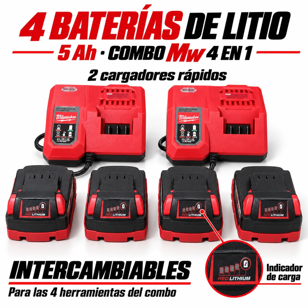 Combo MW 4 en 1 Brushless 5 Amperios – Taladro + Rotomartillo + Pulidora + LLave de impacto con Maletín
