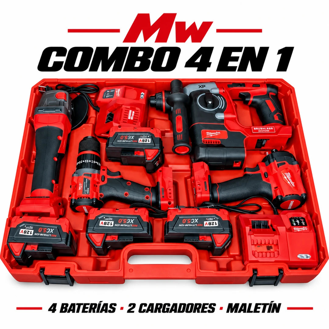 Combo MW 4 en 1 Brushless 5 Amperios – Taladro + Rotomartillo + Pulidora + LLave de impacto con Maletín