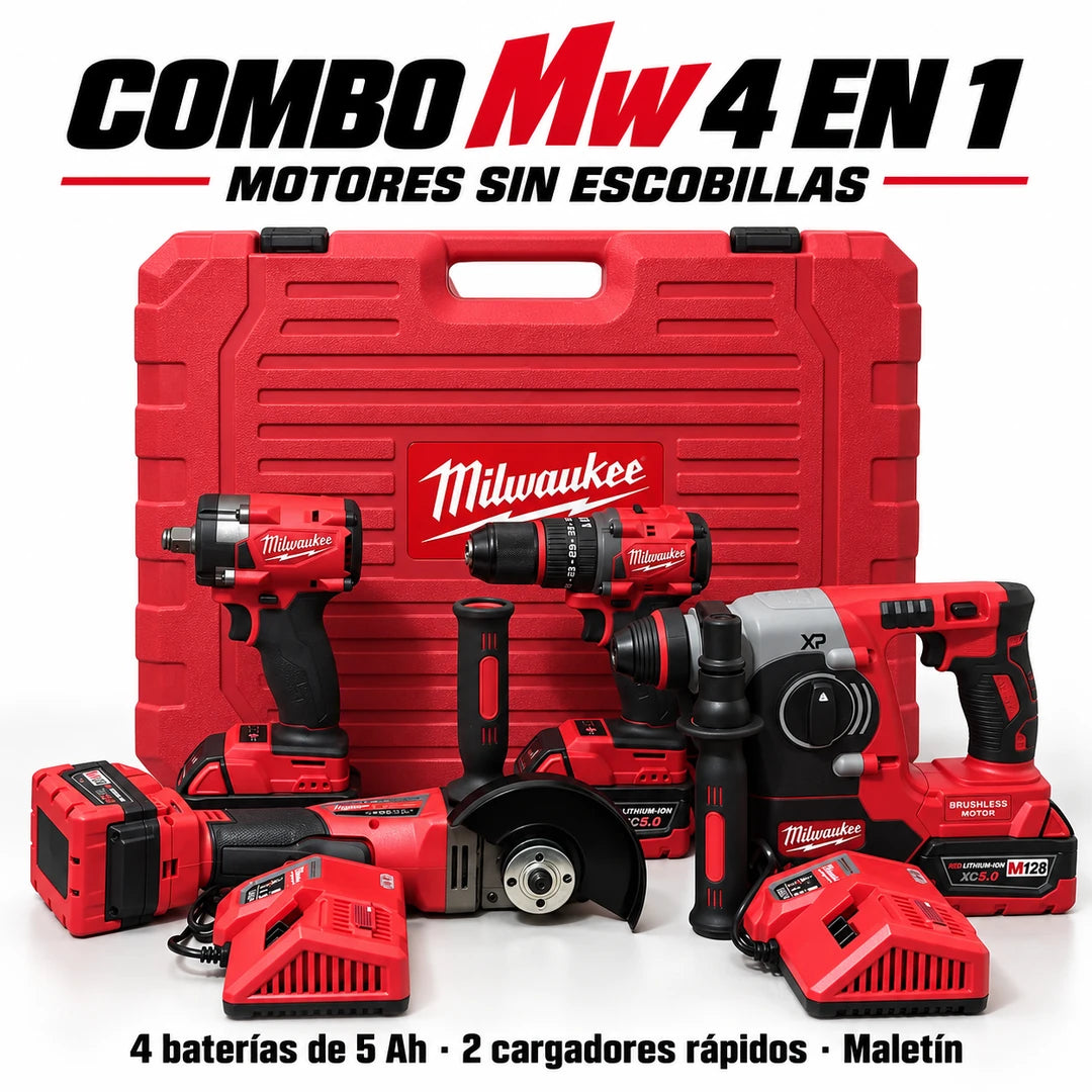Combo MW 4 en 1 Brushless 5 Amperios – Taladro + Rotomartillo + Pulidora + LLave de impacto con Maletín