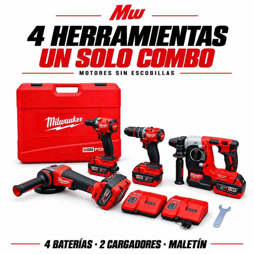 Combo MW 4 en 1 Brushless 5 Amperios – Taladro + Rotomartillo + Pulidora + LLave de impacto con Maletín