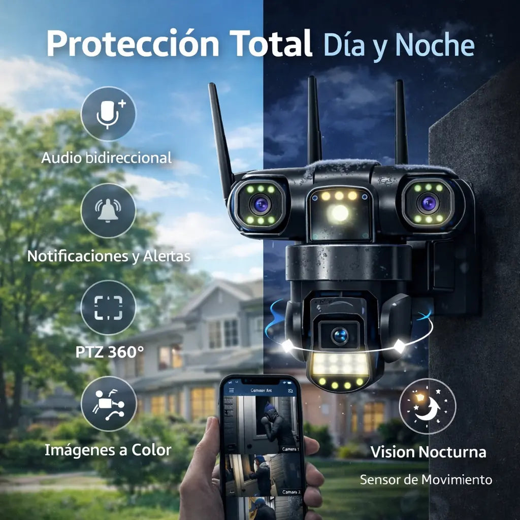 Cámara de Seguridad Triple Lente 360° V380 | Control desde el Celular
